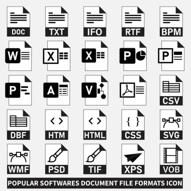 Popular Software's Documents  File Format's Icons set vector. Simplify document management with this set of popular software file format icons.Vector format for easy customization and use in your work