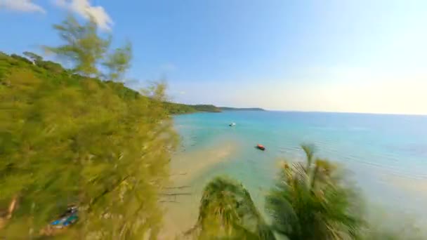 美しい白い砂浜と熱帯の楽園の景色を望むターコイズブルーの海の上にヤシの木の後ろから現れるダイナミックなFpvドローン — ストック動画