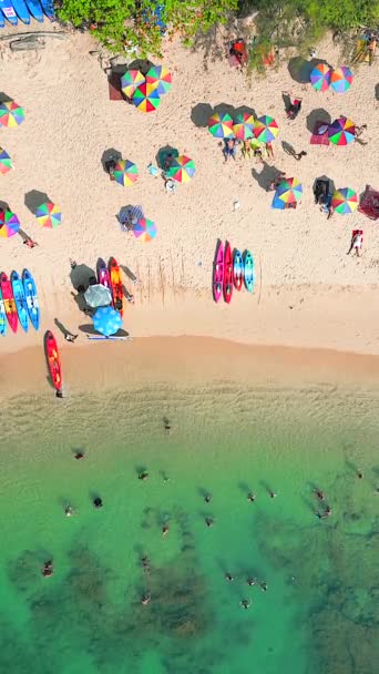 Vibrerande Kustlinje Tropisk Med Färgglada Paraplyer Och Kajaker Människor Som — Stockvideo