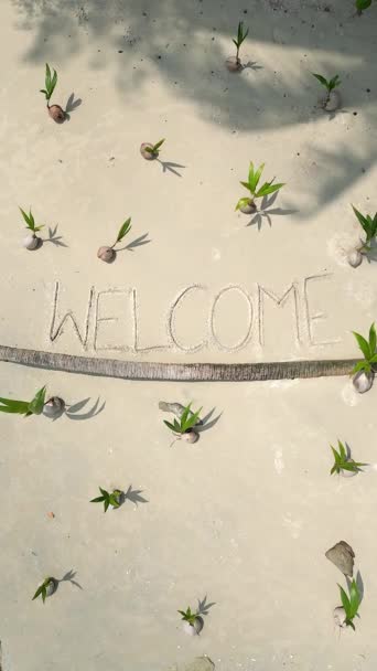 Вид Зверху Знак Welcome Написаний Білому Піску Тропічному Пляжі Молодими — стокове відео