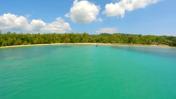 Een Dynamische Drone Vlucht Kristalhelder Turquoise Oceaanwater Wit Zandstrand Kokospalmen — Stockvideo