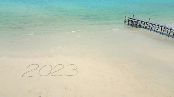 Luftfoto Ordet 2023 Skrevet Det Hvide Sand Tropisk Strand Med – Stock-video
