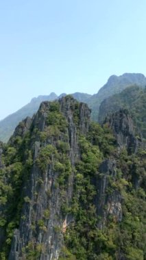 Güneşli bir günde İHA ile Laos 'un Vang Vieng kentindeki tropikal devasa dağ zirvesinin nefes kesici bir görüntüsü. Dikey 4k görüntü.