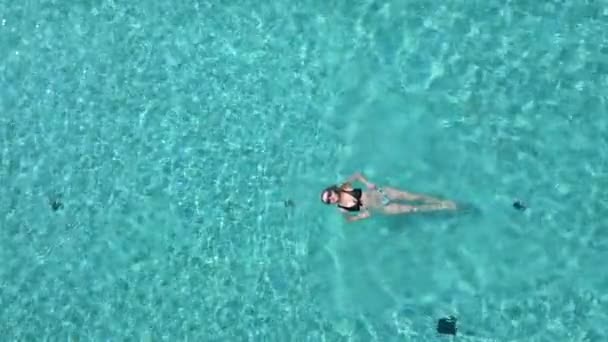 美しい 若い女性がゆっくりとした動きでプールで彼女の背中に泳いでのトップビュー 日当たりの良いプールリラックス リラックスしたプールサイドの隠れ家 静かな水の脱出 レジャーの概念 — ストック動画