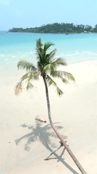 空の楽園の島で牧歌的な島の隠れ家 ターコイズブルーの水を持つ白い砂浜のヤシの木の下で日光浴若い女性の空中ビュー — ストック動画