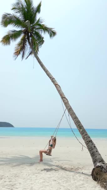 Jovem Balançando Balanço Uma Palmeira Coco Uma Praia Tropical Com — Vídeo de Stock