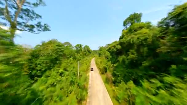 Vista Aérea Automóvil Conduciendo Día Soleado Través Exuberante Selva Tropical — Vídeos de Stock