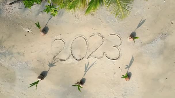 若いココナッツのヤシに囲まれた熱帯のビーチで白い砂の上に書かれた2023年のトップビュー — ストック動画