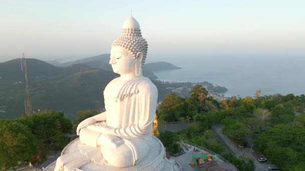 Aerial View Buddha Statue Hilltop Phuket Island Sunrise Thailand — Stock Video