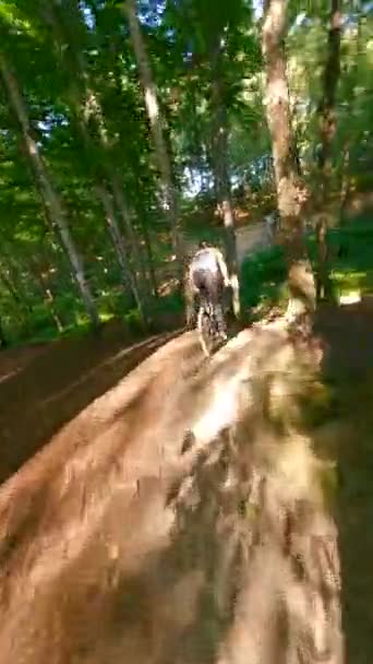 森林斜坡上骑自行车倒车的Fpv — 图库视频影像