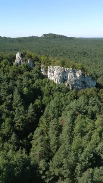 Aerial Landscape Stunning Giant Rocks Green Forest Highlands — Stock Video