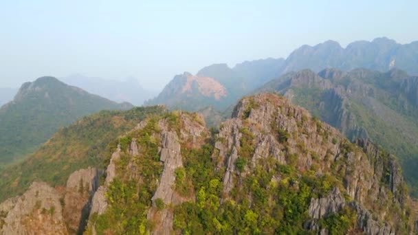 Aerial Landscape Rocky Mountain Peaks Vang Vieng Laos — Stock Video