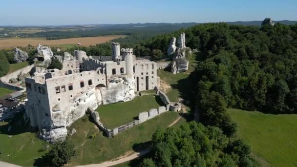 Vista Aérea Castelo Medieval Numa Colina Polónia Num Dia Ensolarado — Vídeo de Stock