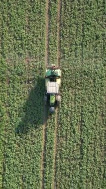 Alanı spreyleyen traktörün üst görüntüsü.