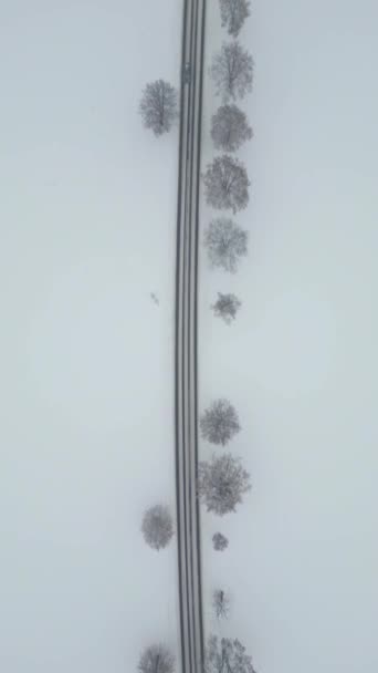 Вид Сверху Автомобили Движущиеся Проселочной Дороге Снежную Холодную Зиму — стоковое видео