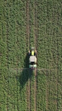 Alanı spreyleyen traktörün üst görüntüsü.