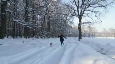 Karlı kışta köpekle oynayan bir kadının havadan görünüşü.