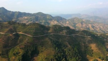 Kuzey Vietnam 'daki Ha Giang Döngüsü' ndeki kahve tarlası tepelerinin hava manzarası..