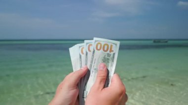 Tropikal plajda Amerikan dolarlarını sayan eller. Kapat..
