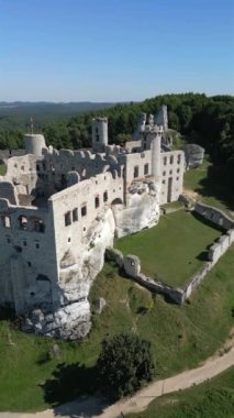 Güneşli bir günde Polonya 'da bir tepedeki ortaçağ şatosunun havadan görünüşü