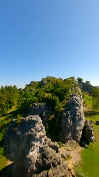 Fpv Vlucht Groene Boshooglanden Met Gigantische Kalkstenen Rotsen — Stockvideo