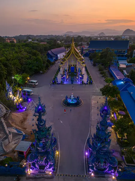 Widok Lotu Ptaka Błękitną Świątynię Chiang Rai Zachodzie Słońca Tajlandia Obrazek Stockowy