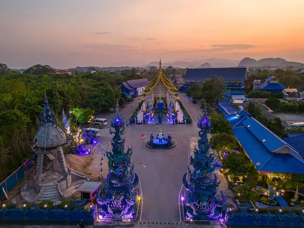 Widok Lotu Ptaka Błękitną Świątynię Chiang Rai Zachodzie Słońca Tajlandia Obraz Stockowy