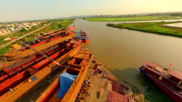 Fpv Flight Industrial Shipyard Constructing Large Barges River Canal Ninh — Stock Video