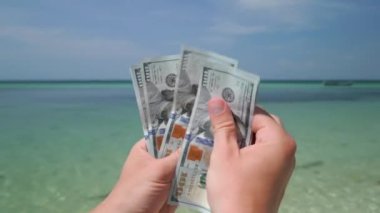 Tropikal plajda Amerikan dolarlarını sayan eller. Kapat..