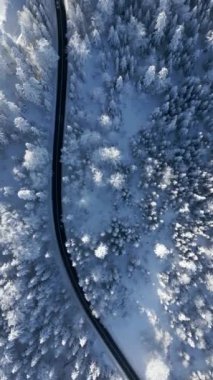 Karlı bir kış dağ yolunda giden bir arabanın hava görüntüsü.