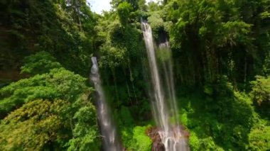 FPV, Sekumpul Şelalesi, Bali, Endonezya 'nın çağlayan sularında uçuyor.