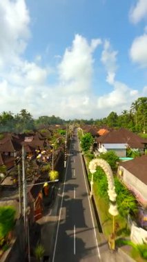 Ubud, Bali, Endonezya 'da düzenlenen Galungan tatili sırasında geleneksel köy üzerindeki sinematik FPV uçuşu.