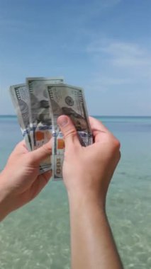 Tropikal plajda Amerikan dolarlarını sayan eller. Kapat..