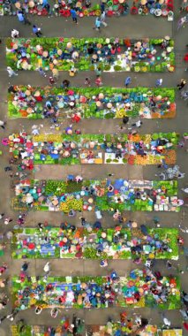 Vietnam kırsalındaki renkli yerel çiftçi pazarının havadan görünüşü