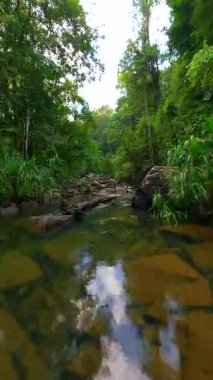 Tayland 'ın yemyeşil ormanlarında kayalarla sığ tropikal nehir üzerinde yumuşak FPV uçuşu