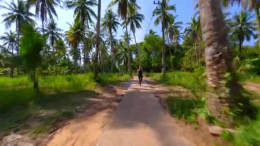 Güneşli bir günde yeşil palmiye ağaçlarıyla tropikal yolda koşan bir kadının sinematik FPV görüntüsü. Egzotik doğada sağlıklı bir yaşam tarzı.