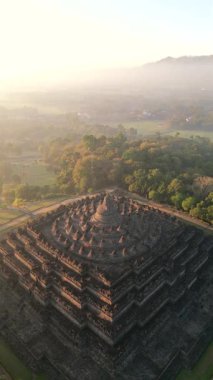 Orta Cava, Endonezya 'da tropikal sisli orman ve yumuşak sabah ışığı ile çevrili antik Borobudur tapınağının havadan görünüşü.
