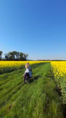 Güneşli bir günde sarı kolza tohumu tarlasında motosiklet süren bir kadının sinematik FPV görüntüsü. Özgürlük ve yaz temaları için enerjik kırsal yaşam tarzı manzarası.