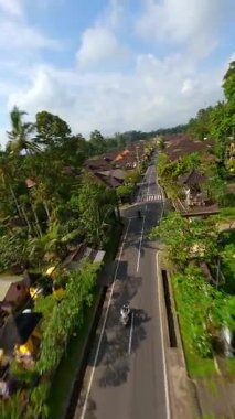 Endonezya 'nın Bali kentindeki bereketli tropik yeşilliklerle çevrili geleneksel Bali köyünde süslü caddelerde motosiklet sürerken çekilmiş FPV insansız hava aracı görüntüleri.. 