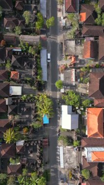 Geleneksel Bali evleri ve Endonezya 'nın Ubud, Bali kentindeki sessiz köy yolunun tepeden aşağı hava manzarası