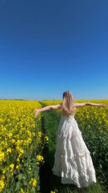 Güneşli yaz gününde sarı kollarını açmış kollarını açarak atlayan bir kadının sinematik FPV görüntüsü. Tasasız kırsal yaşam tarzları özgürlük ve neşe teması için mükemmel..