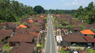 Bali ve Endonezya 'nın yemyeşil ormanlarıyla çevrili geleneksel Bali köyünün hava manzarası..