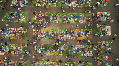 Meyve, sebze ve konik şapkalı insanlarla dolu canlı Vietnam pazarının yukarıdan aşağı görüntüsü. Güneydoğu Asya 'da renkli yerel kültür ve geleneksel sokak ticareti.