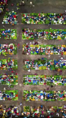 Aerial time-lapse of vibrant Vietnamese market with fruits, vegetables, and people in conical hats. Colorful local culture and traditional street commerce in Southeast Asia.
