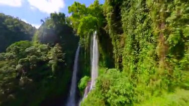 Sinema FPV insansız hava aracı, gür orman dallarında uçarken ve Endonezya Bali 'deki Sekumpul Şelalesi' nin kıyısına dalarken, çarpıcı tropikal manzara ve büyüleyici hareketlerle görüntülendi..