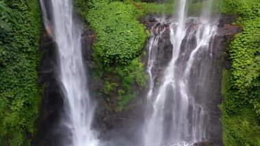 Endonezya, Bali 'deki Sekumpul Şelalesi' nin üzerinde uçan insansız hava aracı. Yükselen akarsular ve yemyeşil tropik bitki örtüsüyle çarpıcı bir orman sahnesi..