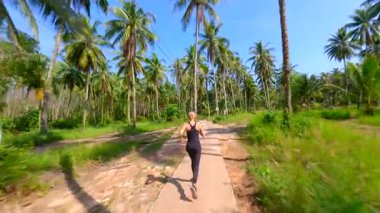 Tropik palmiye ormanlarında koşan sağlıklı bir kadının, güneşli bir günde ağır çekimde çekilmiş sinematik FPV görüntüsü. Fitness, seyahat, refah ve aktif yaşam tarzı temaları için ideal.