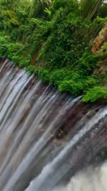 Sinematik FPV insansız hava aracı Doğu Java, Endonezya 'daki yemyeşil yağmur ormanları uçurumlarıyla çevrili çok akımlı Tumpak Sewu şelalesine dalarken çekildi..