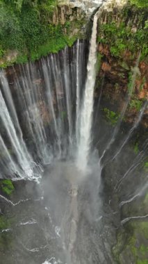 Tumpak Sewu şelalesinin hava manzarası Endonezya, Doğu Java 'da yemyeşil yağmur ormanlarıyla çevrili derin orman kanyonuna dökülüyor..