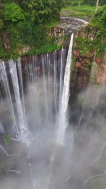 Görkemli Tumpak Sewu şelalesinin hava manzarası Endonezya 'nın Doğu Cava kentindeki yemyeşil yağmur ormanlarıyla çevrili derin orman kanyonuna dökülüyor..